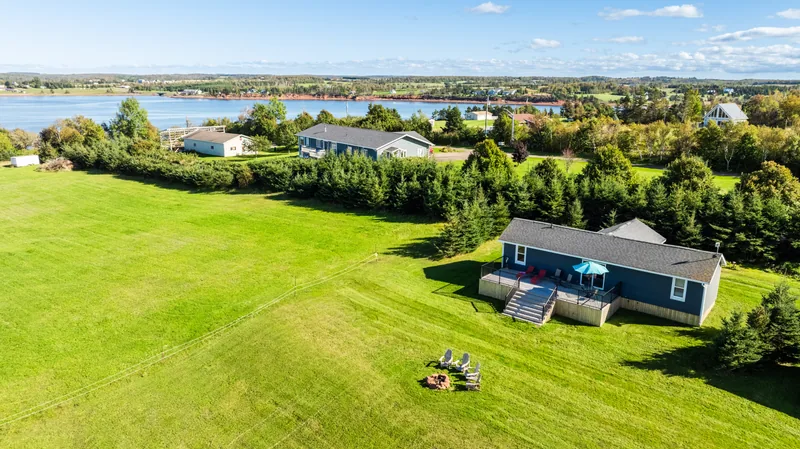 Aerial view of the cottage and grounds