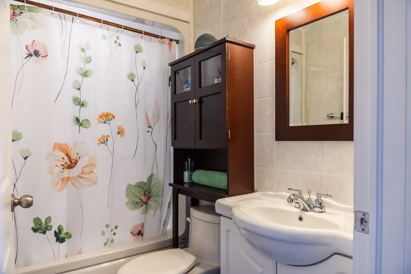 Bathroom vanity and shower curtain