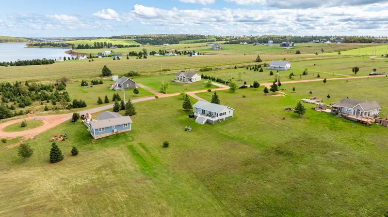 Aerial view of the cottage and waterfront grounds