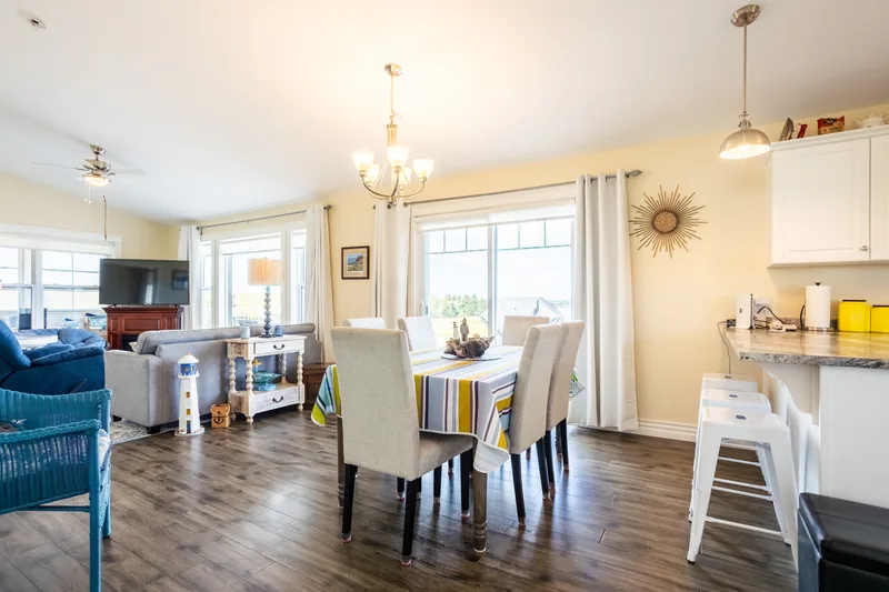 Open kitchen, dining and living area