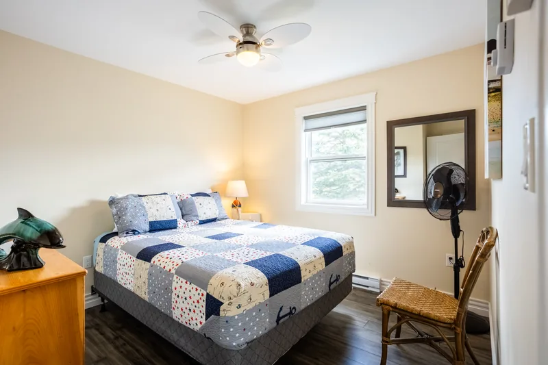Bedroom with patterned bedding