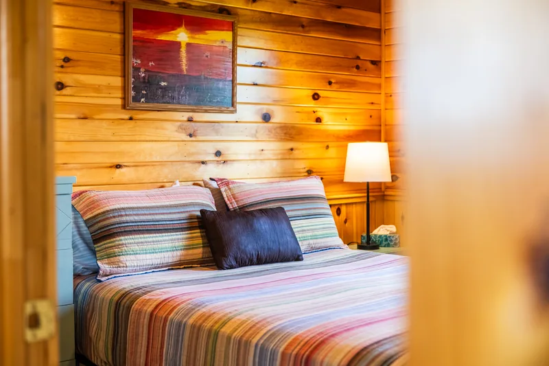 Bedroom with striped bedding