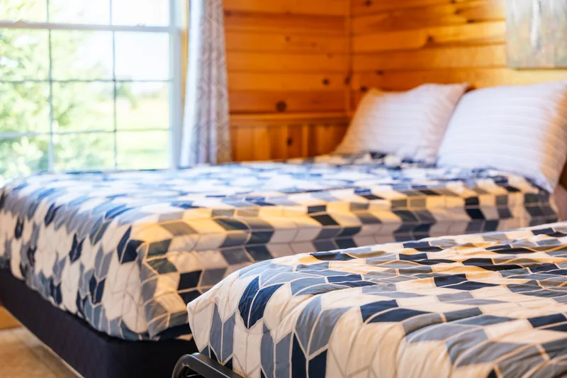 Bedroom with patterned bedding