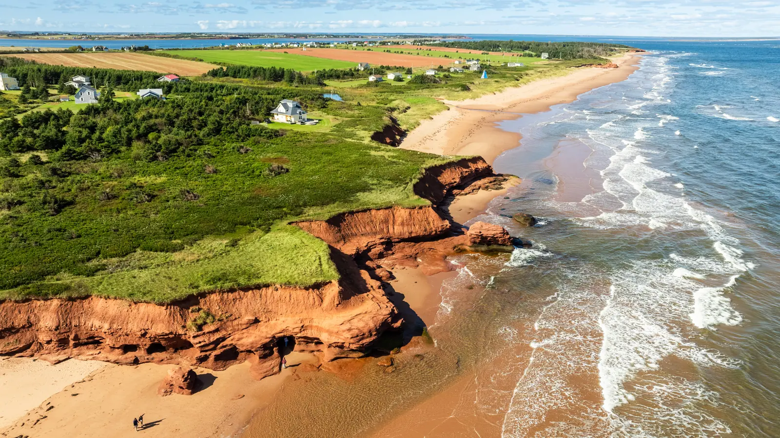 Aerial view of nearby red cliffs and beach