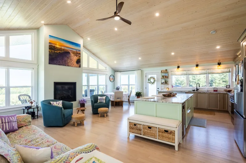 Great room with vaulted ceiling and kitchen island