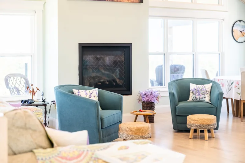 Living room with fireplace and seating