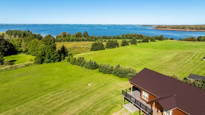 Aerial view of the house and waterfront grounds