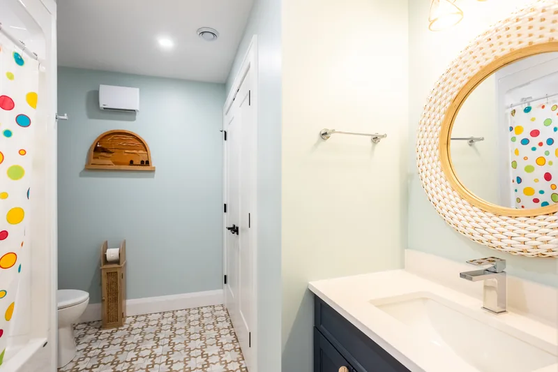 Bathroom vanity and bathtub