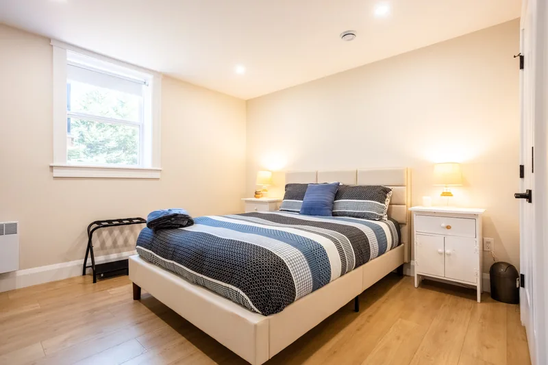 Bedroom with blue bedding