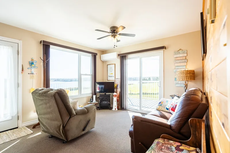 Living room with waterfront window